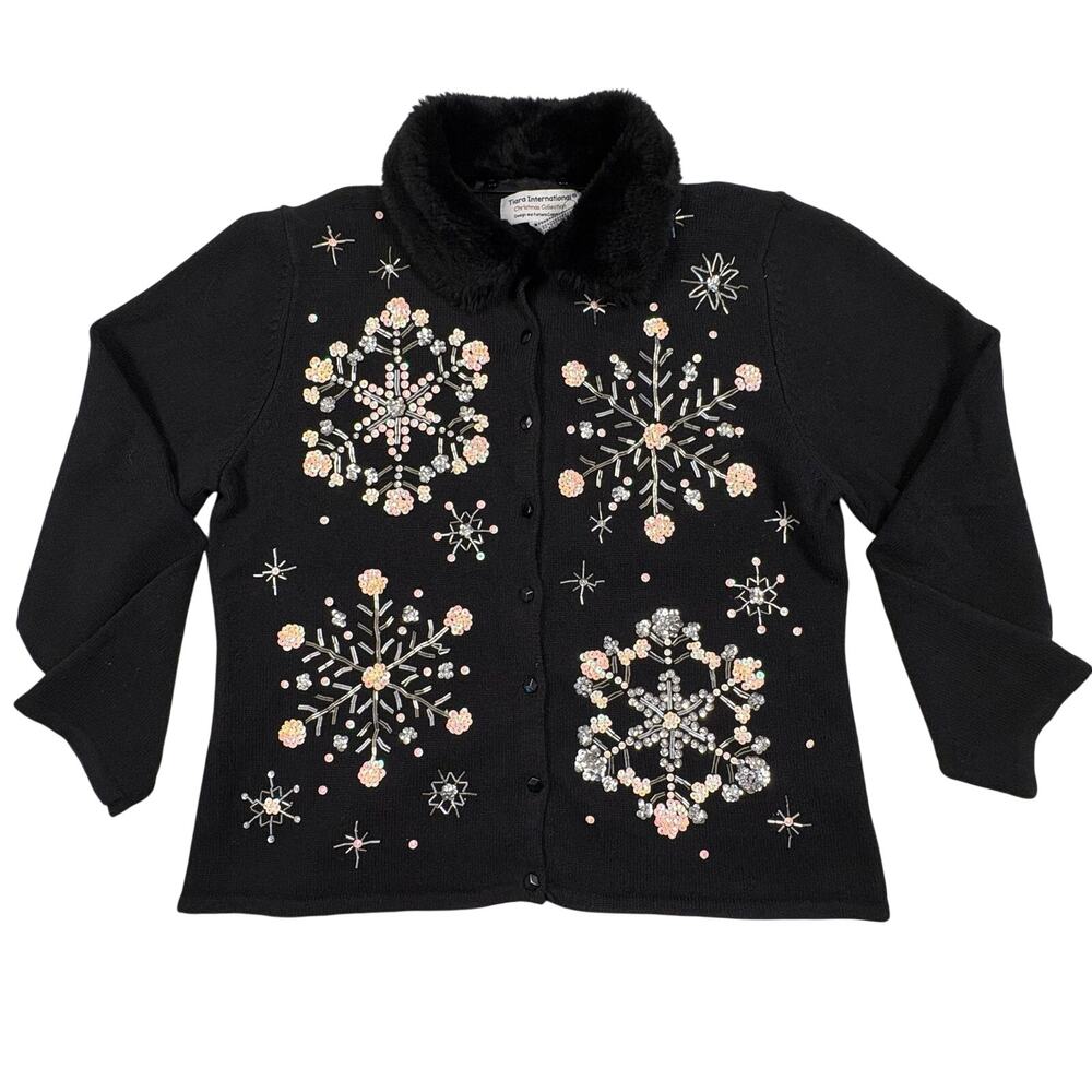 Vintage Tiara International Women's XL Snowflake Cardigan Black Christmas Sequin